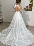 Halter Neck A Line Sweep Train Simple Satin Wedding Dress AWD1805-SheerGirl