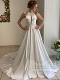 Halter Neck A Line Sweep Train Simple Satin Wedding Dress AWD1805-SheerGirl