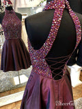 Halter Neck Burgundy Homecoming Dresses Open Back Rhinestone Hoco Dress ARD1713-SheerGirl