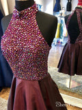 Halter Neck Burgundy Homecoming Dresses Open Back Rhinestone Hoco Dress ARD1713-SheerGirl