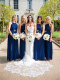 Halter Neck Midnight Blue Pleated Long Bridesmaid Dresses ARD1433-SheerGirl