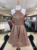 Halter Neck Open Back Shiny Rose Gold Sequin Homecoming Dresses ARD1701-SheerGirl