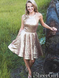 Halter Neck Open Back Shiny Rose Gold Sequin Homecoming Dresses ARD1701-SheerGirl