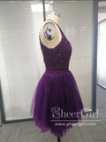 Halter Neckline Beaded Bodice Short Prom Dress Pleated Tulle Skirt Key Hole Back Homecoming Dress ARD2601-SheerGirl