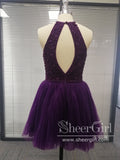 Halter Neckline Beaded Bodice Short Prom Dress Pleated Tulle Skirt Key Hole Back Homecoming Dress ARD2601-SheerGirl