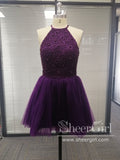 Halter Neckline Beaded Bodice Short Prom Dress Pleated Tulle Skirt Key Hole Back Homecoming Dress ARD2601-SheerGirl