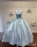 Halter Neckline Rhinestone and Crystal Beaded Quinceañera Dress Sky Blue Satin Ball Gown Prom Dress ARD2553-SheerGirl