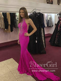 Halter Neckline Rhinestones Front Opening Party Dress Hot Pink Mermaid Long Prom Dress ARD2558-SheerGirl