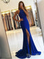 Halter Royal Blue Jersey Prom Šaty Mermaid Sweep Train APD2791 