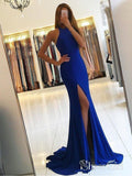 Halter Royal Blue Jersey Mermaid Prom Dresses with Sweep Train APD2791-SheerGirl