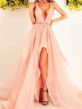 High Low Blush Pink Prom Dresses Deep V Neck Organza Beaded Prom Dress 2019 ard1776-SheerGirl