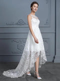 High Low Lace Wedding Dresses See Through Floral Ivory Beach Wedding Dresses AWD1080-SheerGirl