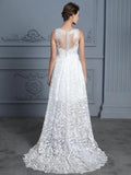 High Low Lace Wedding Dresses See Through Floral Ivory Beach Wedding Dresses AWD1080-SheerGirl