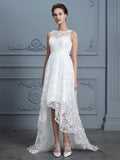 High Low Lace Wedding Dresses See Through Floral Ivory Beach Wedding Dresses AWD1080-SheerGirl