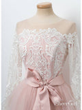 High Neck Pink Homecoming Dresses Long Sleeves Lace Hoco Dress with Sash APD3482-SheerGirl