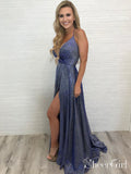 High Slit Deep V Neck Sparkly Long Prom Dresses Spaghetti Straps Formal Dresses ARD2491-SheerGirl