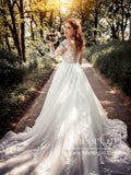 Illusion Neckline Long Sleeves Tulle Bridal Dress Gorgeous Lace Wedding Dress AWD1808-SheerGirl