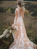 Illusion Neckline Tulle Bridal Dress Mermaid Lace Wedding Dress with Long Sleeves AWD1812-SheerGirl