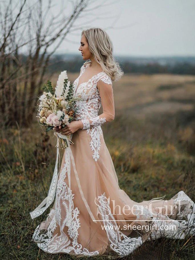 Sheer Illusion Neck line Wedding Gowns with Sleeves