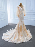 Illustion Neck Puffy Sleeved Mermaid Wedding Dress with Re-embroidery and Feather Decoration AWD1797-SheerGirl