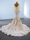 Illustion Neck Puffy Sleeved Mermaid Wedding Dress with Re-embroidery and Feather Decoration AWD1797-SheerGirl