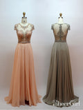 Illustion Neckline with Short Sleeves Chiffon Long Beadings Prom Dress ARD2565-SheerGirl