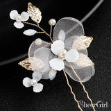 Ivory 3D Floral Hairpins with Crystals and Gold Leaves ACC1159-SheerGirl