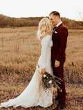 Ivory Long Sleeve Rustic Wedding Dresses Backless Sheath Beach Wedding Dress AWD1219-SheerGirl