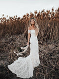 Ivory Mermaid Lace Rustic Wedding Dresses Illusion Neckline Beach Wedding Dress AWD1157-SheerGirl