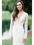 Ivory Mermaid Wedding Dresses Backless Long Sleeve Lace Wedding Dresses AWD1134-SheerGirl