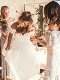 Ivory Rustic Lace Wedding Dresses Off the Shoulder Beach Wedding Dresses AWD1154-SheerGirl