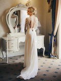 Ivory Rustic Wedding Dresses Backless Lace Long Sleeve Beach Wedding Dress AWD1198-SheerGirl