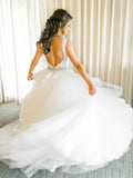 Ivory Tulle Ball Gown Wedding Dresses with Rhinestone Sash V Neck Bridal Dress AWD1276-SheerGirl