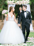 Ivory Tulle Ball Gown Wedding Dresses with Rhinestone Sash V Neck Bridal Dress AWD1276-SheerGirl