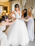 Ivory Tulle Ball Gown Wedding Dresses with Rhinestone Sash V Neck Bridal Dress AWD1276-SheerGirl