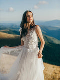 Ivory Tulle Rustic Wedding Dresses Lace Applique See Through Wedding Dress AWD1197-SheerGirl