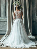 Ivory Tulle Rustic Wedding Dresses Lace Applique See Through Wedding Dress AWD1197-SheerGirl