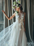 Ivory Tulle Rustic Wedding Dresses Lace Applique See Through Wedding Dress AWD1197-SheerGirl