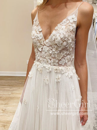 A Line Plunging V Neck Unlined Bodice with Beadings Wedding Dress