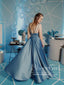 Keyhole Sexy Bodice Flowy A Line Satin Front Slit Long Prom Dress ARD2608