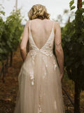 Lace Applique Champagn Wedding Dresses Spaghetti Strap V Neck Bridal Dress AWD1309-SheerGirl