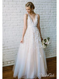 Lace Applique Ivory & Champagne Wedding Dresses V Neck Beach Wedding Dress AWD1277-SheerGirl