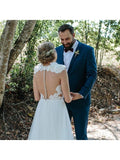 Lace Applique Ivory Tulle Rustic Wedding Dress V Neck Sheer Rustic Wedding Dress AWD1245-SheerGirl