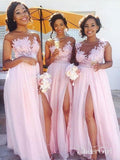 Lace Appliqued Bodice Pink Chiffon Long Mismatched Bridesmaid Dresses with Slit APD2254-SheerGirl