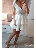 Lace Appliqued Grey Mini Homecoming Dresses Cheap V Neck White Cocktail Dress ARD1505-SheerGirl