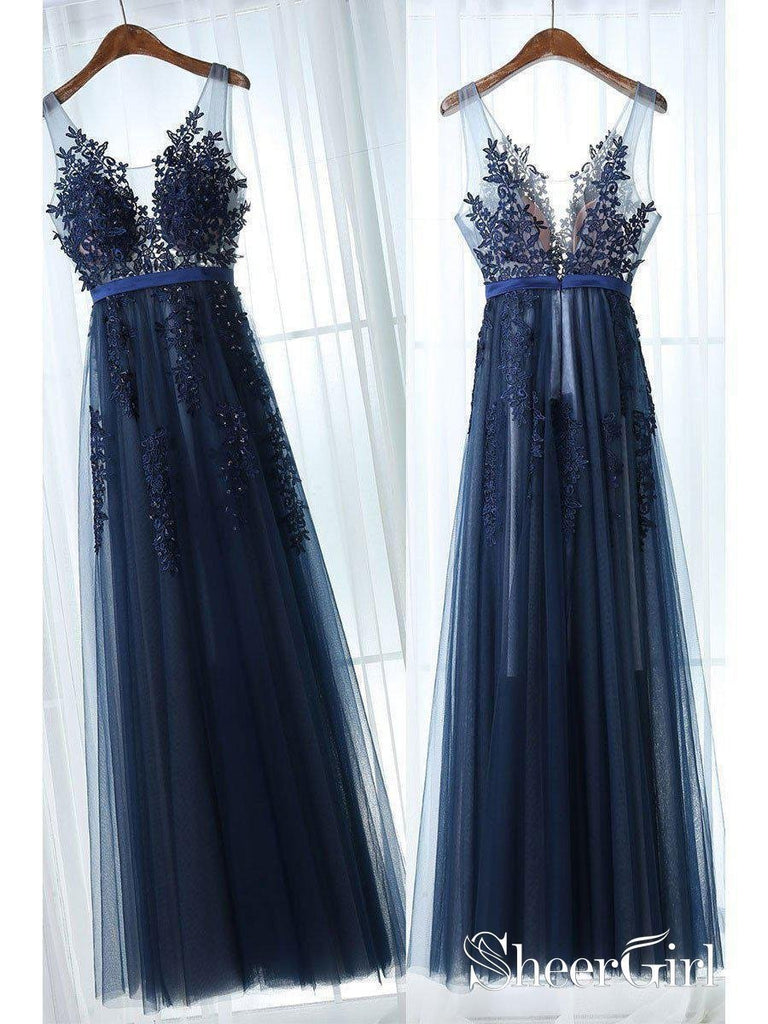 Long Lace Formal Evening Dress Navy Blue See Through Prom Dresses ...