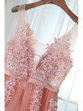 Lace Appliqued Peach Formal Dresses Tulle See Through Prom Dresses APD3254-SheerGirl