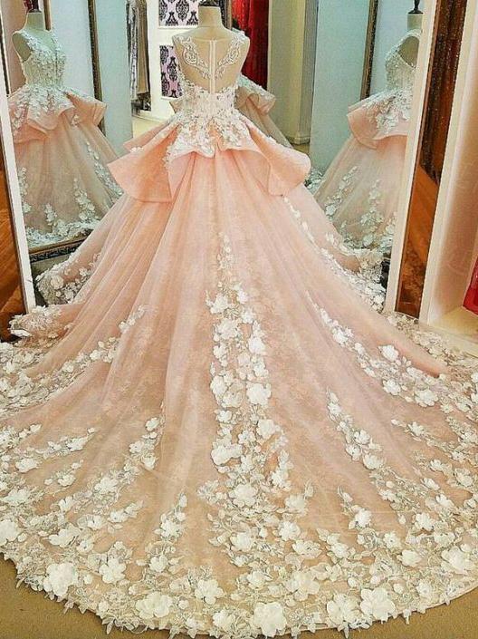 Lace Appliqued Princess Ball Gown Wedding Dresses Pink Bridal Gowns,ap –  SheerGirl