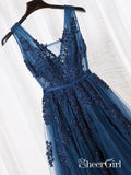 Lace Appliqued See Through Navy Blue Prom Dresses Beaded Tulle Formal Dress APD3344-SheerGirl