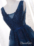 Lace Appliqued See Through Navy Blue Prom Dresses Beaded Tulle Formal Dress APD3344-SheerGirl